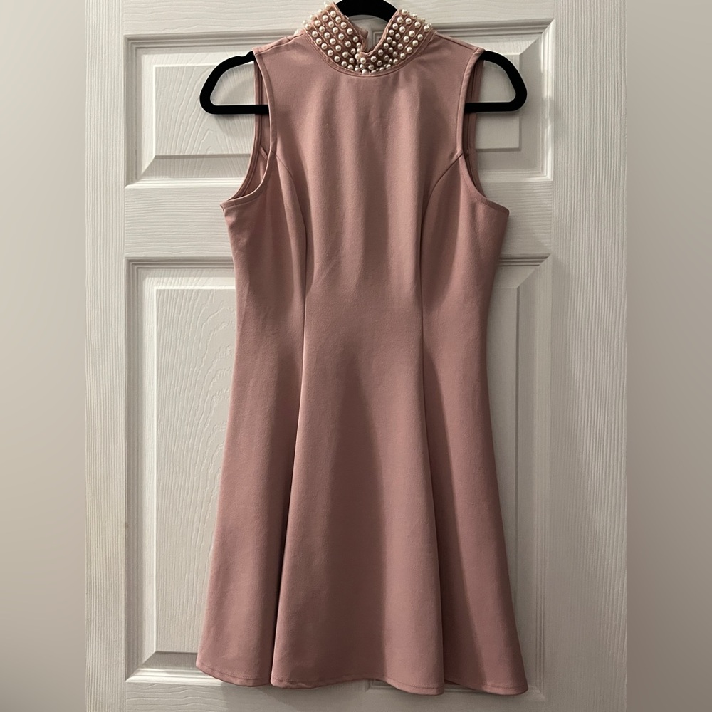 Pink mid dress with pearl neck line